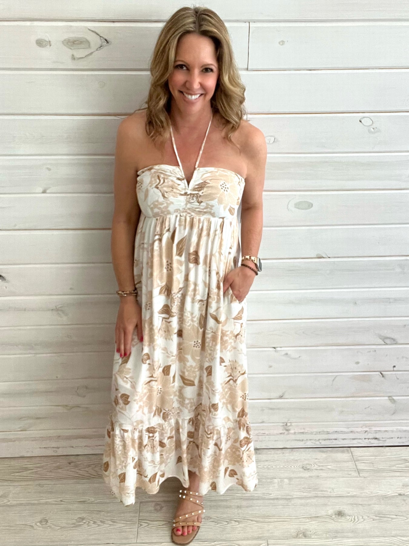 Tan floral maxi dress clearance